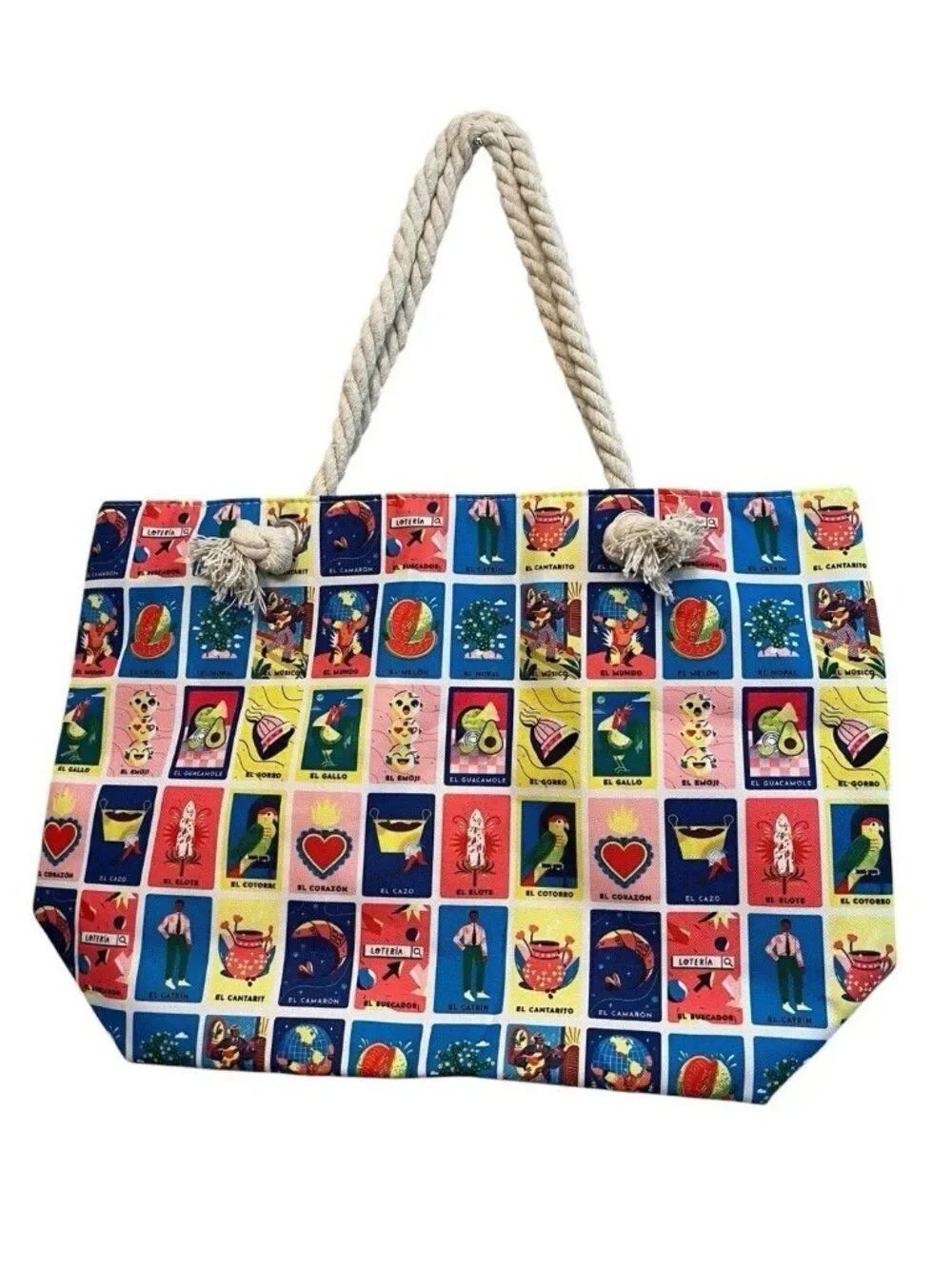 Mexican Loteria Lottery Extra Large Tote Bag Purse Travel Rope Handles Zips NWT